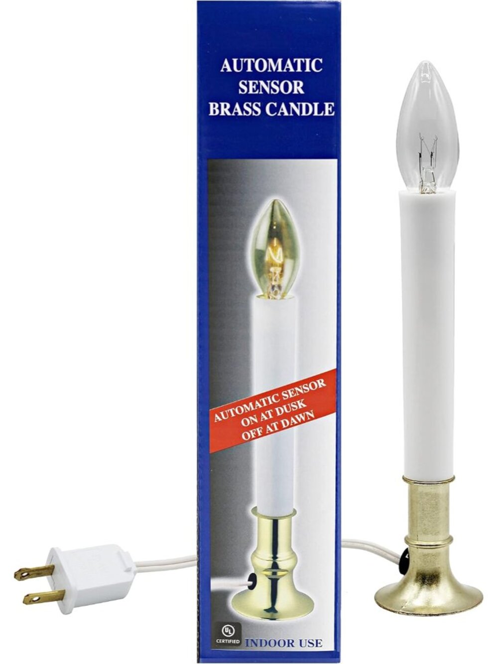 Electric Window Candle Lamp with Brass Plated Base, Dusk to Dawn Sensor Turns Ca